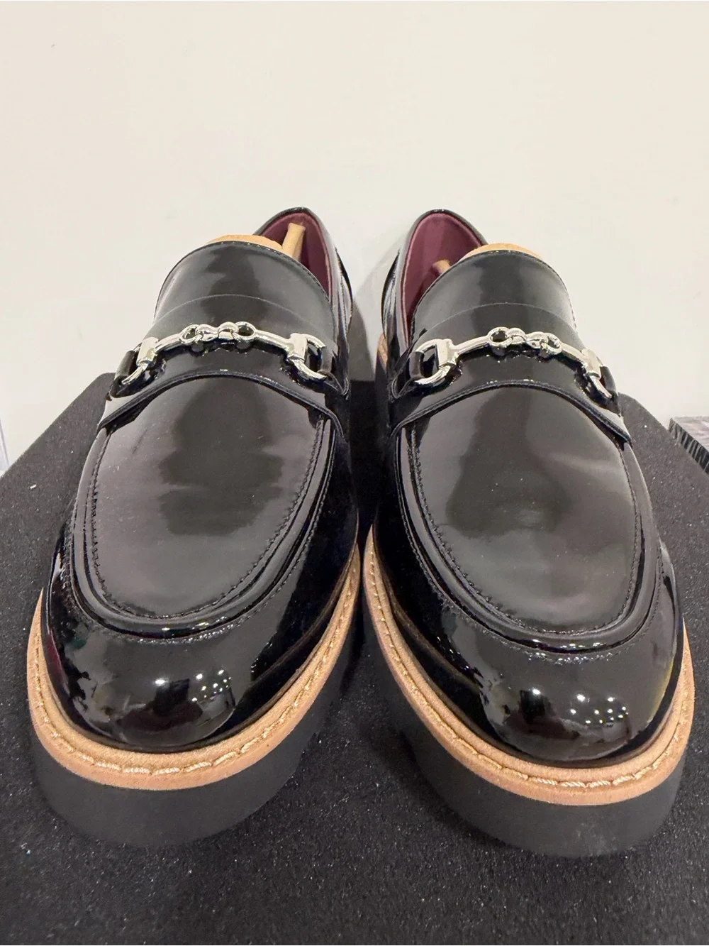Franco Sarto Black Patent Leather Bit Loafers with Tan Welt With Box